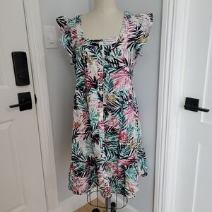 Beach Lunch Lounge Ruffle Sleeve Palm Leaf Pattern Cotton Linen Dress Size M